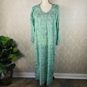 Handmade Light Green Floral Caftan Embroidered Beaded Detail Front Sleeves